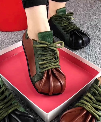 Flat Lace Green Up Cowhide Leather Splicing Vintage Shoes