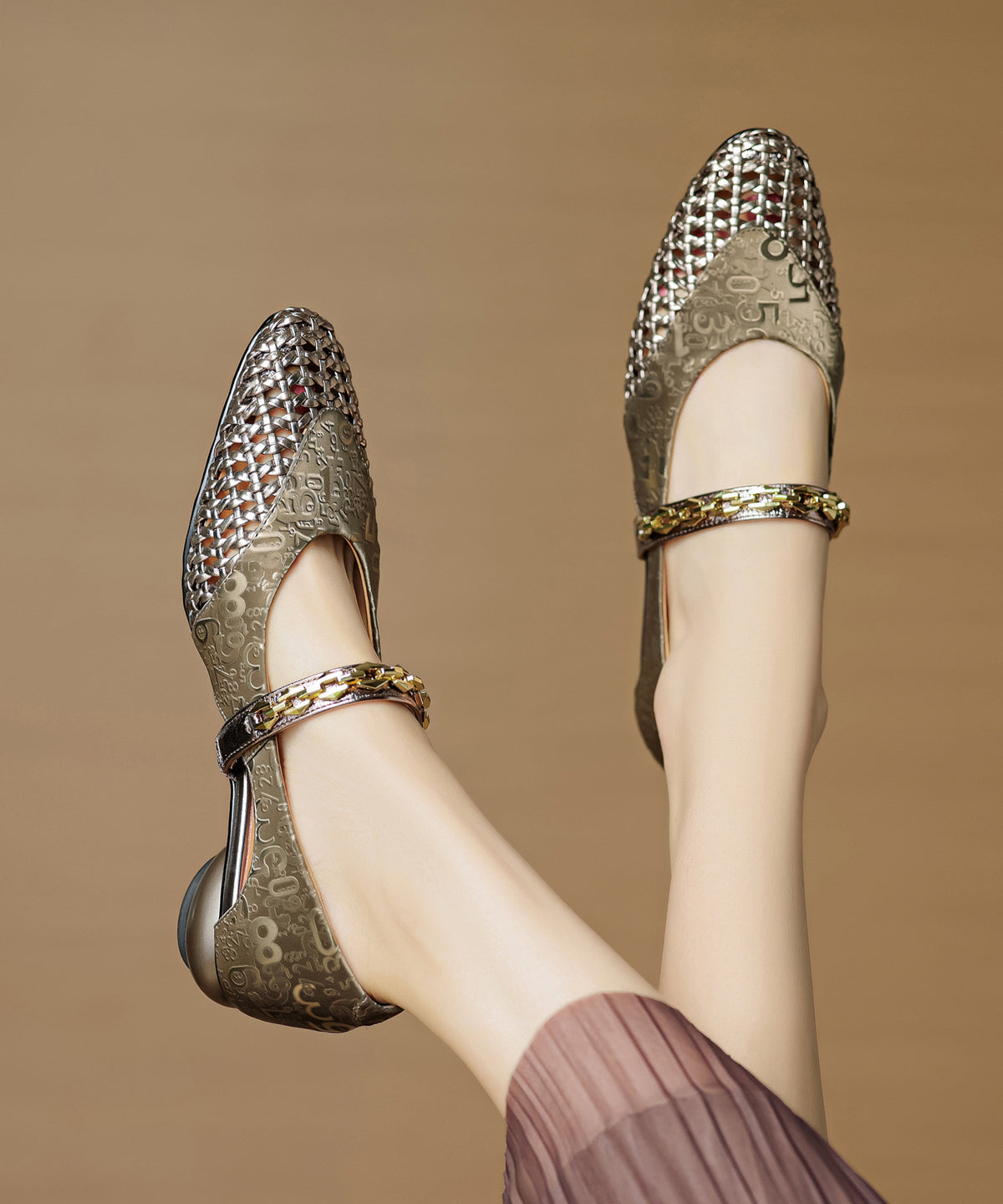 Leather Vintage Splicing Cowhide Out Chunky Shoes Green Hollow