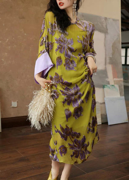 Vintage Green Embroidered Patchwork Chiffon Long Dress Spring UU1033