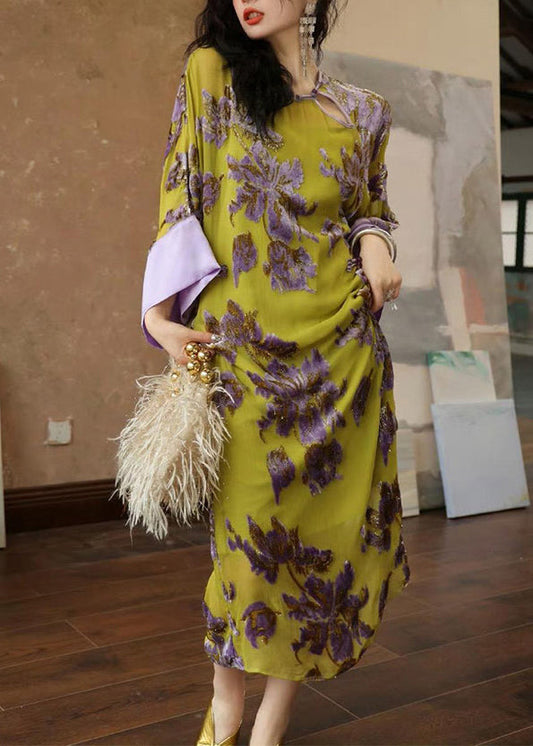 Vintage Green Embroidered Patchwork Chiffon Long Dress Spring UU1033