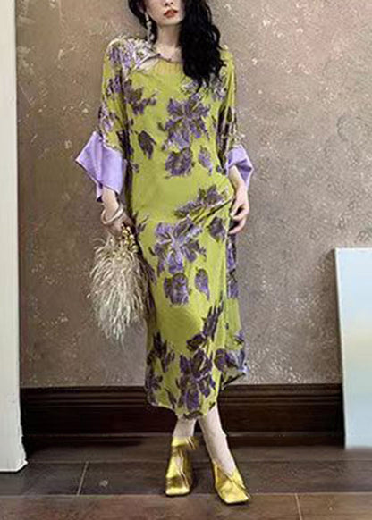 Vintage Green Embroidered Patchwork Chiffon Long Dress Spring UU1033