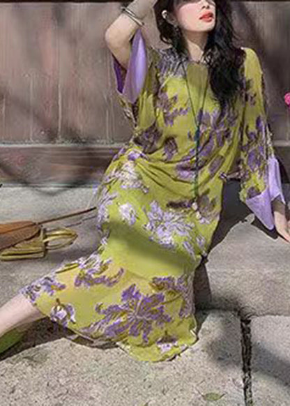 Vintage Green Embroidered Patchwork Chiffon Long Dress Spring UU1033