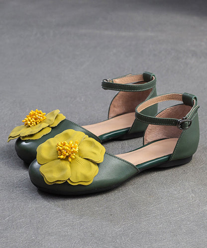 Green Buckle Strap Vintage Floral Splicing Sandals Flat