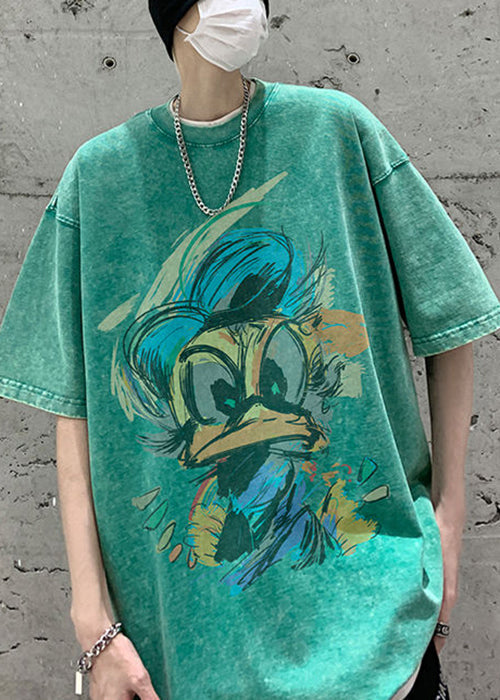 Green Neck Print Summer Shirt Mens Cotton T Vintage O