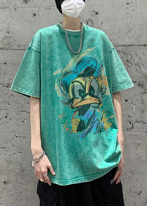 Green Neck Print Summer Shirt Mens Cotton T Vintage O