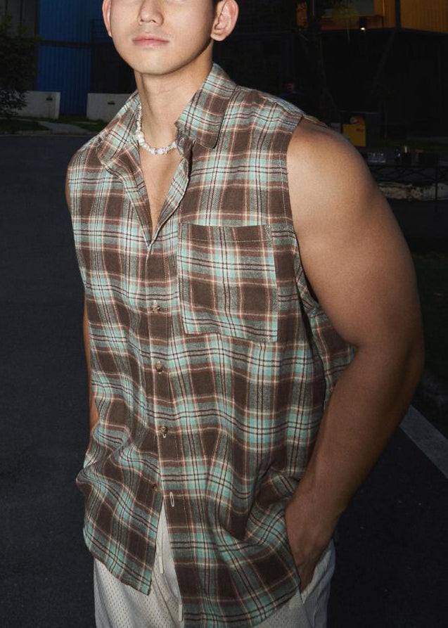 Pan Collar Peter Green Cotton Plaid Vintage Men Tank Sleeveless