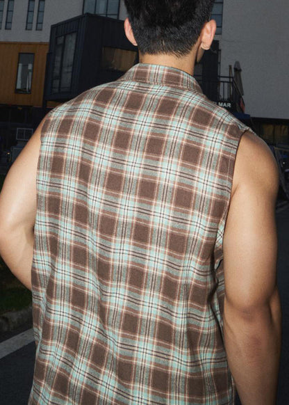 Pan Collar Peter Green Cotton Plaid Vintage Men Tank Sleeveless