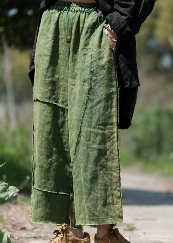 Vintage Green Pockets Elastic Waist Linen Crop Pants Summer VB1084