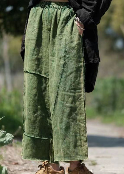 Vintage Green Pockets Elastic Waist Linen Crop Pants Summer VB1084