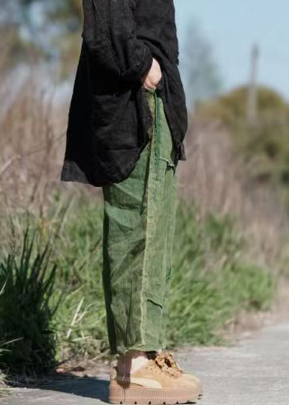 Vintage Green Pockets Elastic Waist Linen Crop Pants Summer VB1084