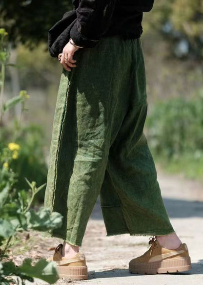 Vintage Green Pockets Elastic Waist Linen Crop Pants Summer VB1084