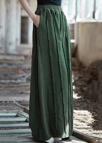 Vintage Green Pockets Elastic Waist Linen Pants Summer QE011