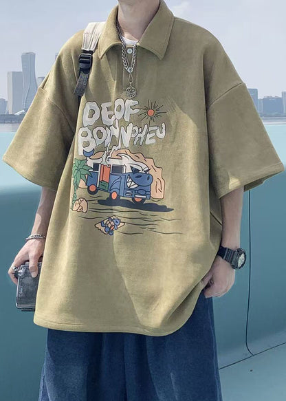 Print Shirts Vintage Summer Green Button Polo Cotton Mens