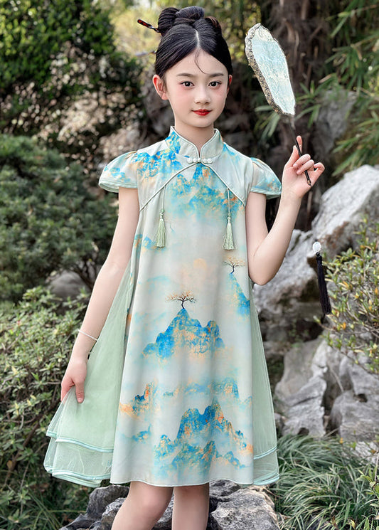 Vintage Green Print Chiffon Patchwork Kids Mid Dresses Short Sleeve MN029