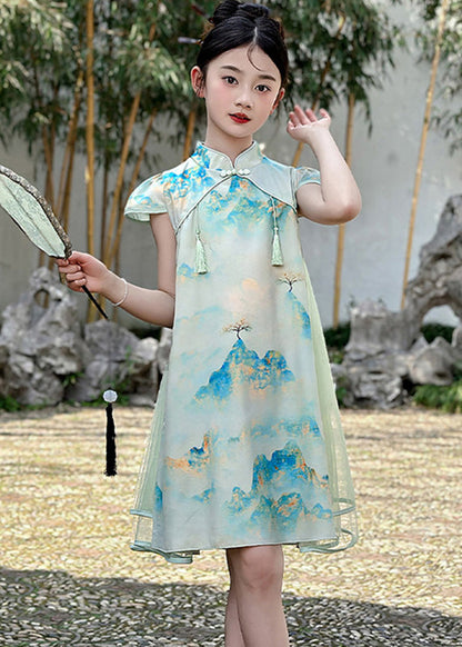 Vintage Green Print Chiffon Patchwork Kids Mid Dresses Short Sleeve MN029