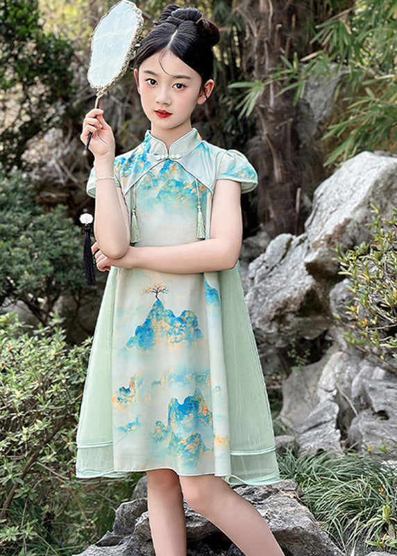 Vintage Green Print Chiffon Patchwork Kids Mid Dresses Short Sleeve MN029