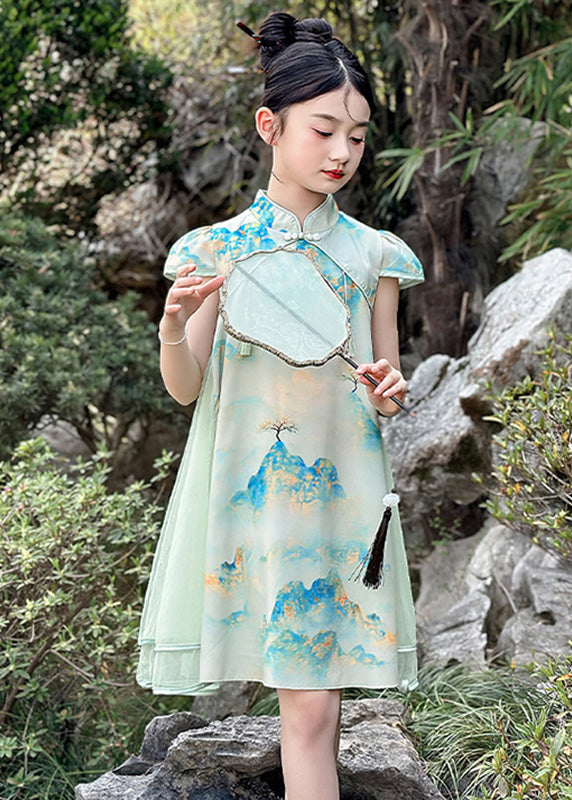 Vintage Green Print Chiffon Patchwork Kids Mid Dresses Short Sleeve MN029