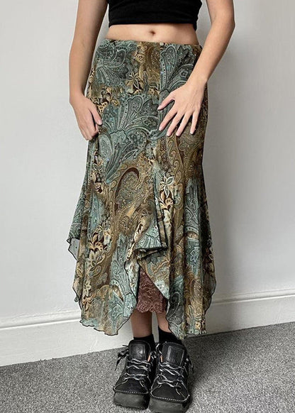 Vintage Print Patchwork Lace Green Skirts Summer