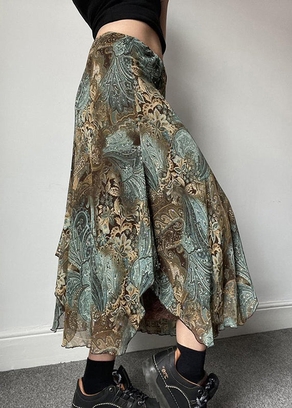 Vintage Print Patchwork Lace Green Skirts Summer