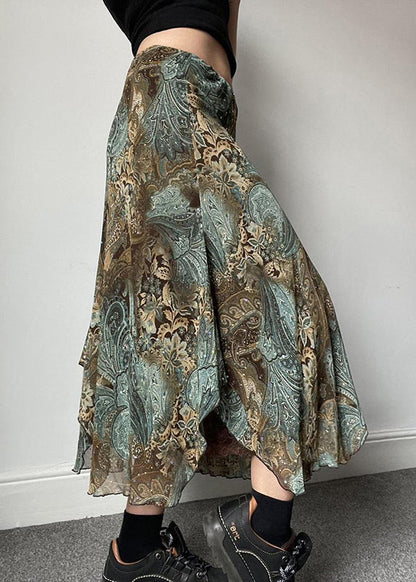 Vintage Print Patchwork Lace Green Skirts Summer