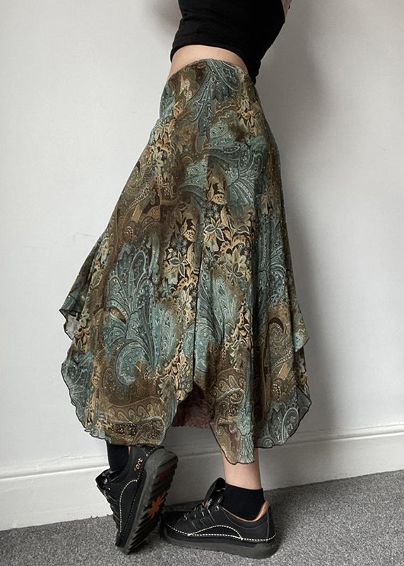 Vintage Print Patchwork Lace Green Skirts Summer