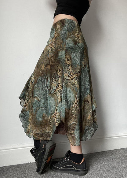 Vintage Print Patchwork Lace Green Skirts Summer