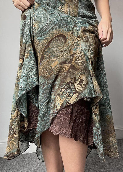 Vintage Print Patchwork Lace Green Skirts Summer