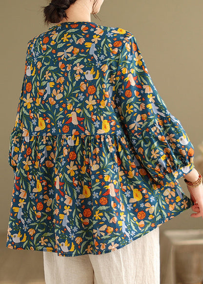 Vintage Green Print Patchwork Wrinkled Tops Fall UU048