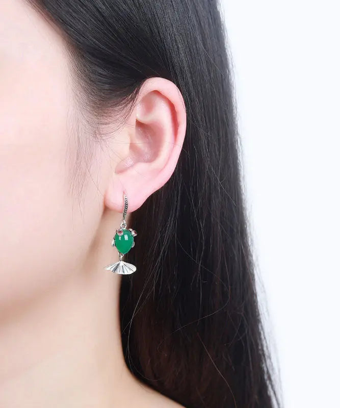 Vintage Green Sterling Silver Inlaid Gem Stone Chalcedony Goldfish Drop Earrings Ada Fashion