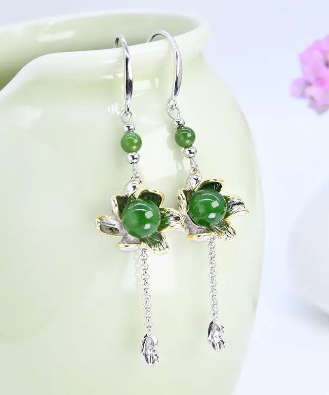 Vintage Green Sterling Silver Jade Floral Drop Earrings Ada Fashion