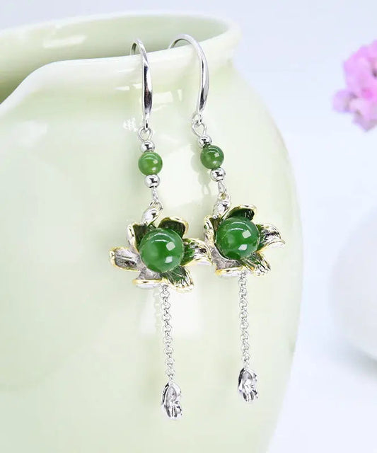 Vintage Green Sterling Silver Jade Floral Drop Earrings Ada Fashion