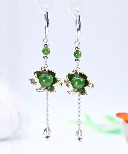Vintage Green Sterling Silver Jade Floral Drop Earrings Ada Fashion