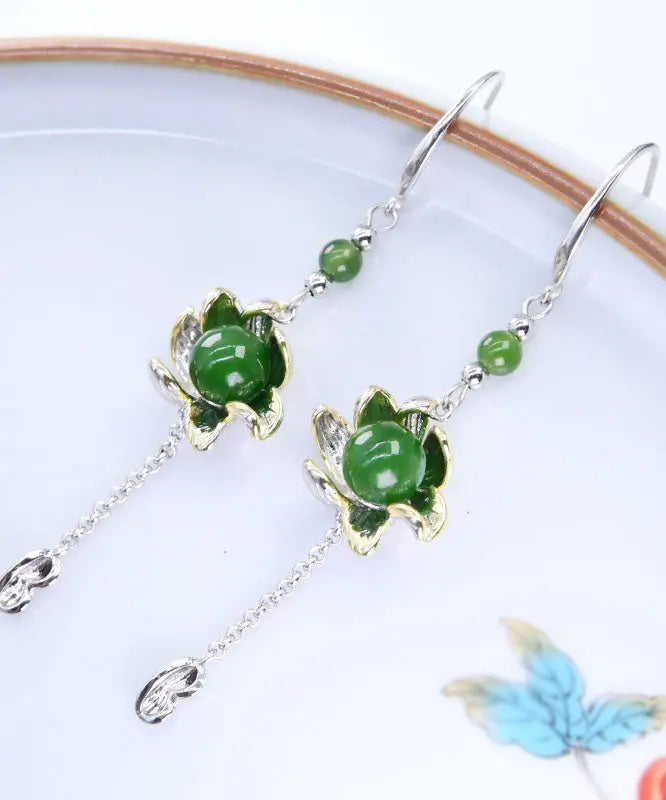 Vintage Green Sterling Silver Jade Floral Drop Earrings Ada Fashion