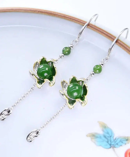 Vintage Green Sterling Silver Jade Floral Drop Earrings Ada Fashion