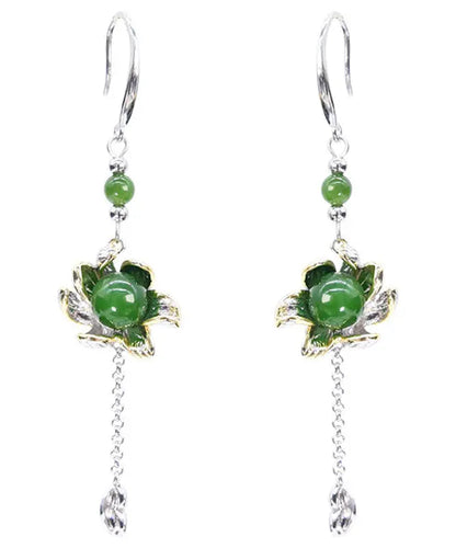 Vintage Green Sterling Silver Jade Floral Drop Earrings Ada Fashion