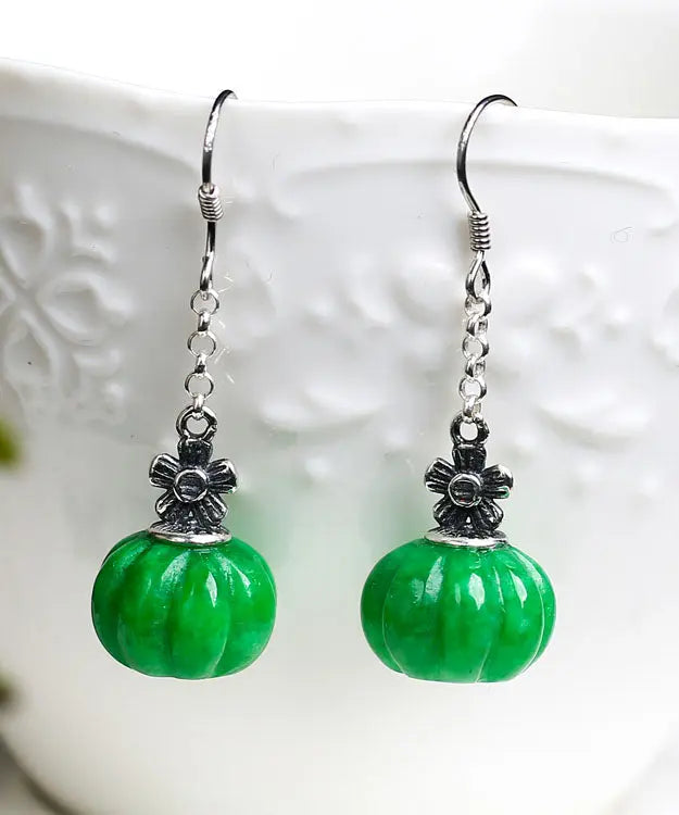 Vintage Green Sterling Silver Jade Pumpkin Drop Earrings Ada Fashion