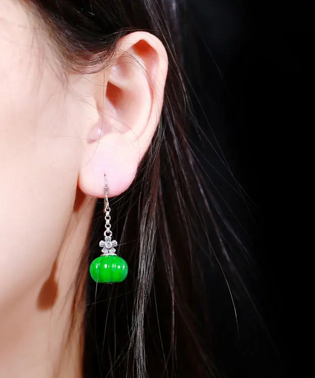 Vintage Green Sterling Silver Jade Pumpkin Drop Earrings Ada Fashion