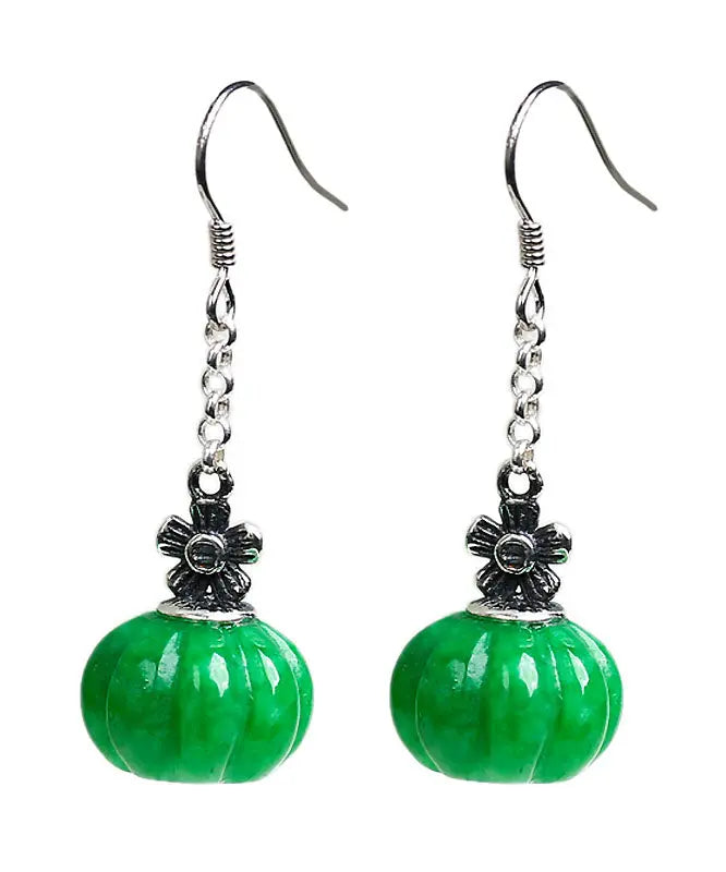 Vintage Green Sterling Silver Jade Pumpkin Drop Earrings Ada Fashion