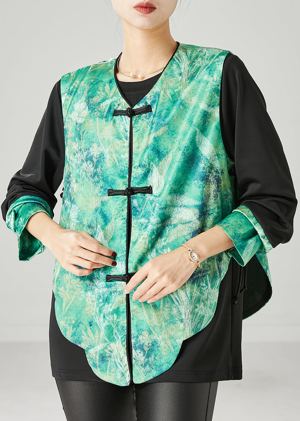 Vintage Green Tie Dye Chinese Button Women Sets 2 Pieces Spring YU1050