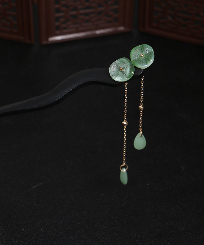 Vintage Green Xylogen Lotus Flower Tassel Hairpin QQ074