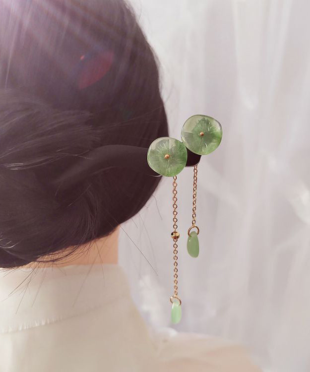 Vintage Green Xylogen Lotus Flower Tassel Hairpin QQ074