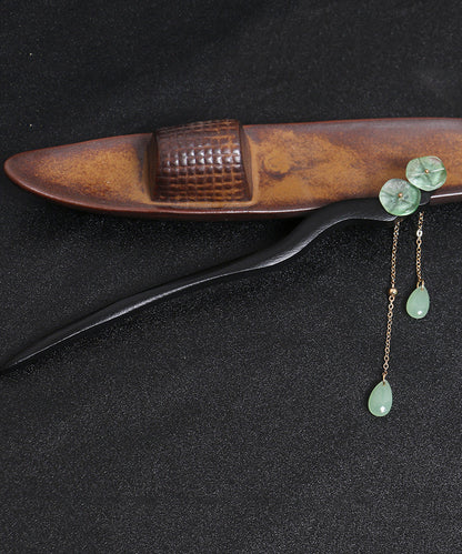 Vintage Green Xylogen Lotus Flower Tassel Hairpin QQ074