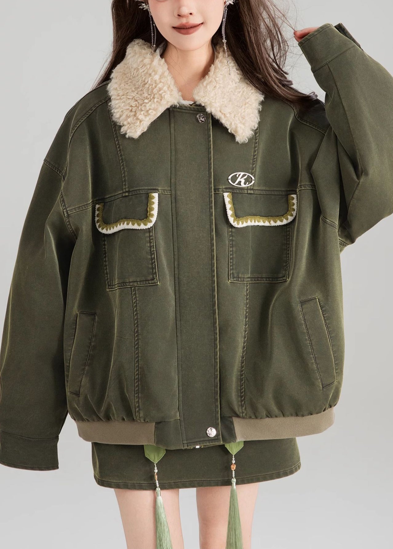 Vintage Green Zippered Pockets Patchwork Parka Spring YW003