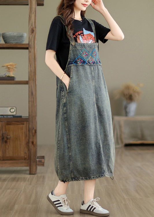 Vintage Grey Pockets Patchwork Drawstring Denim Maxi Dresses Summer UU042