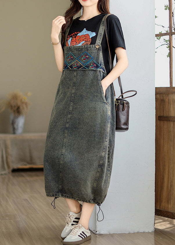 Vintage Grey Pockets Patchwork Drawstring Denim Maxi Dresses Summer UU042