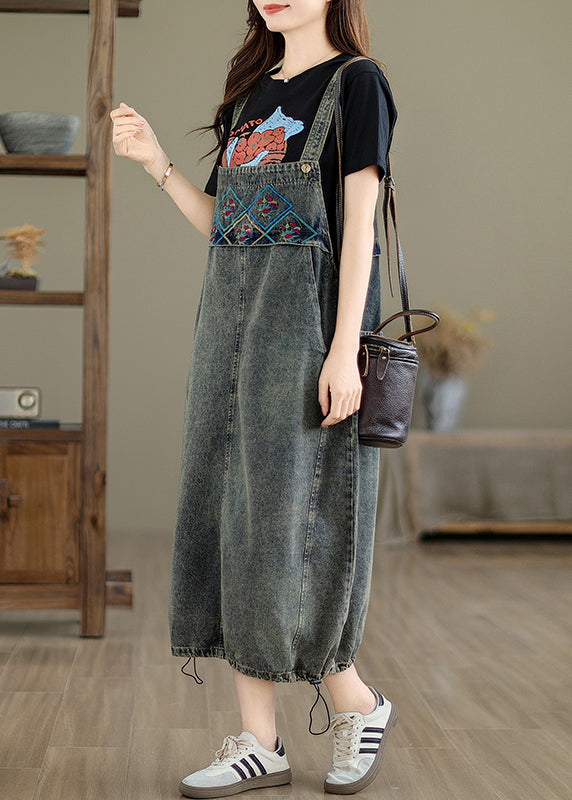 Vintage Grey Pockets Patchwork Drawstring Denim Maxi Dresses Summer UU042