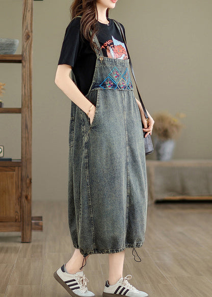 Vintage Grey Pockets Patchwork Drawstring Denim Maxi Dresses Summer UU042