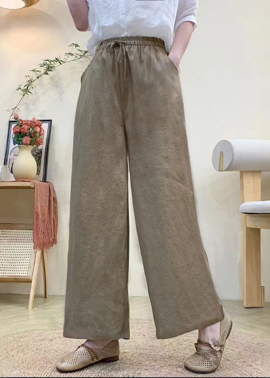 Pants Linen Straight Elastic Khaki Waist Summer Vintage