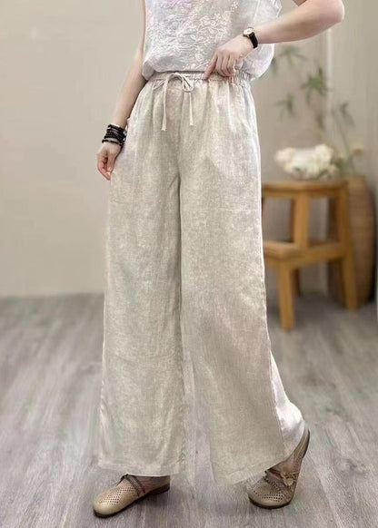 Pants Linen Straight Elastic Khaki Waist Summer Vintage