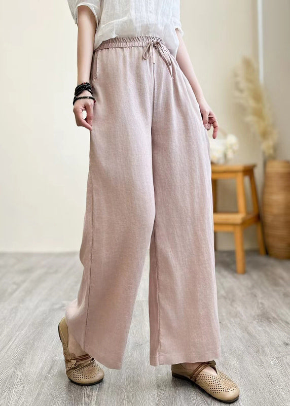 Pants Linen Straight Elastic Khaki Waist Summer Vintage